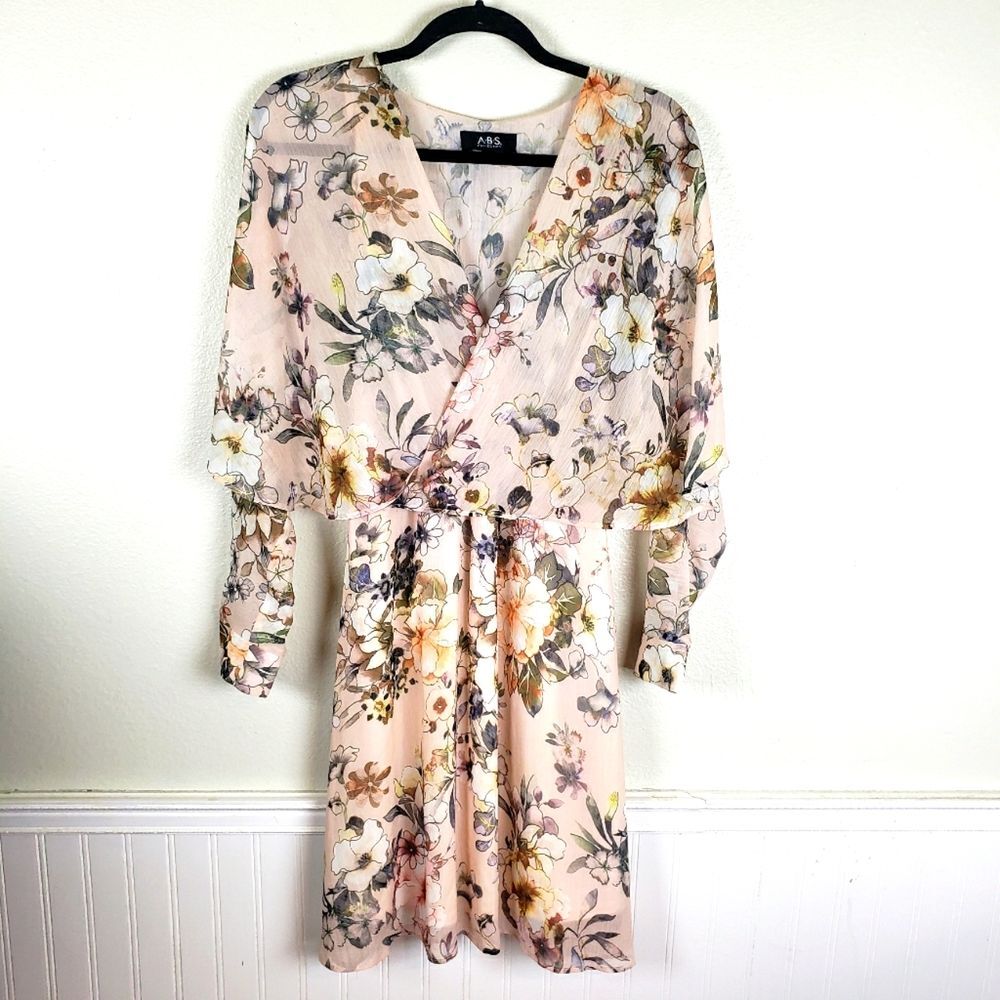 Women's ABS Collection Pastel Pink Floral Cape Open Slit Arm Mini Dress SZ 06